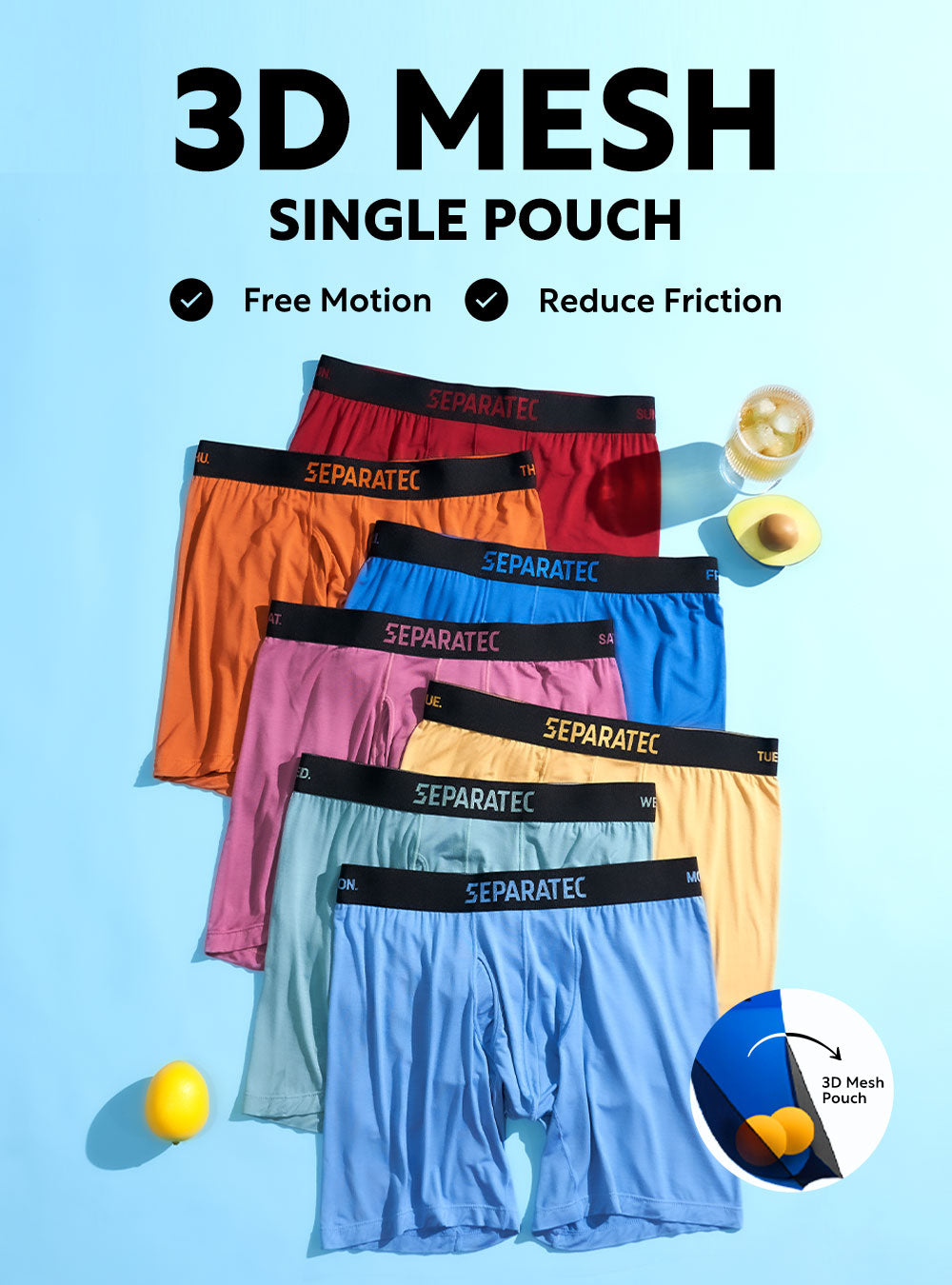 Silk Touch 3D Single Ball Pouch Colorful Bamboo Rayon Open Fly Boxer Briefs 7 Pack
