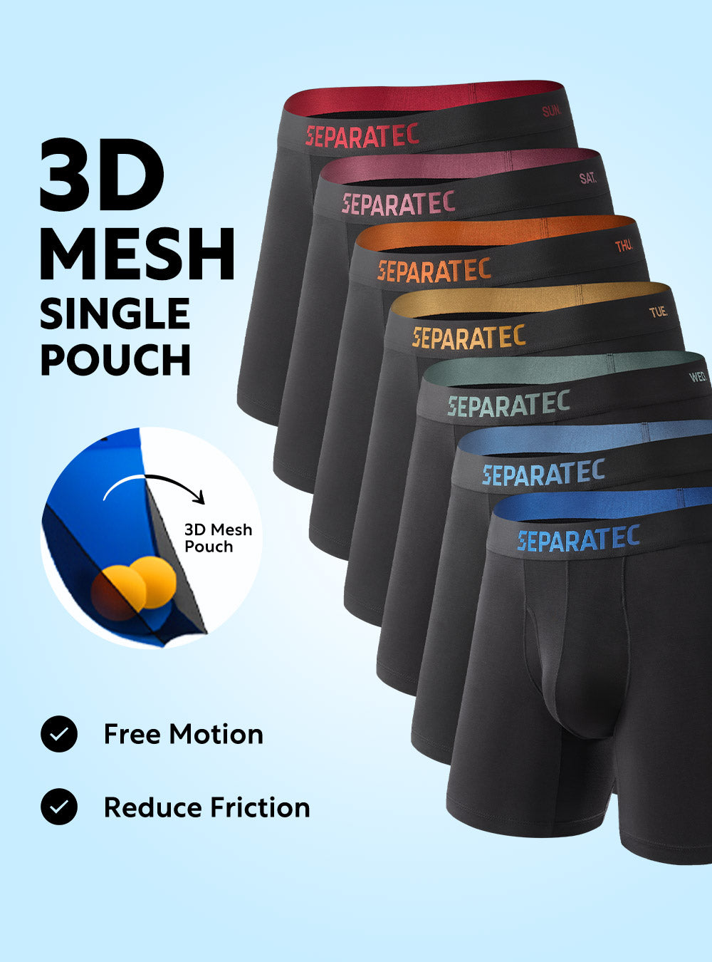 Silk Touch 3D Mesh Single Pouch Colorful Bamboo Rayon Open Fly Boxer Briefs 7 Pack